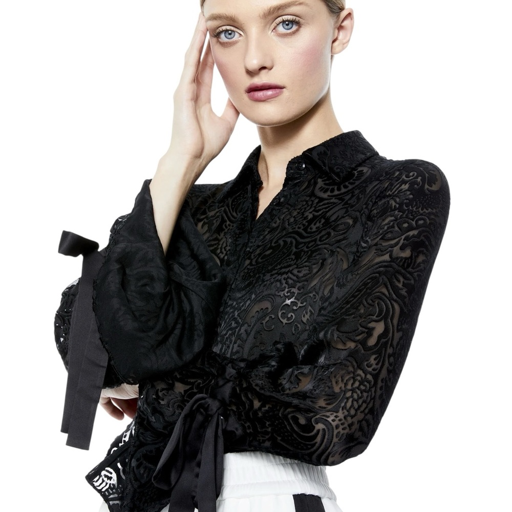 SOLD!! DO NOT BUY!! Alice + Olivia Willa Blouse XS Black Velvet Burnout Ruffle